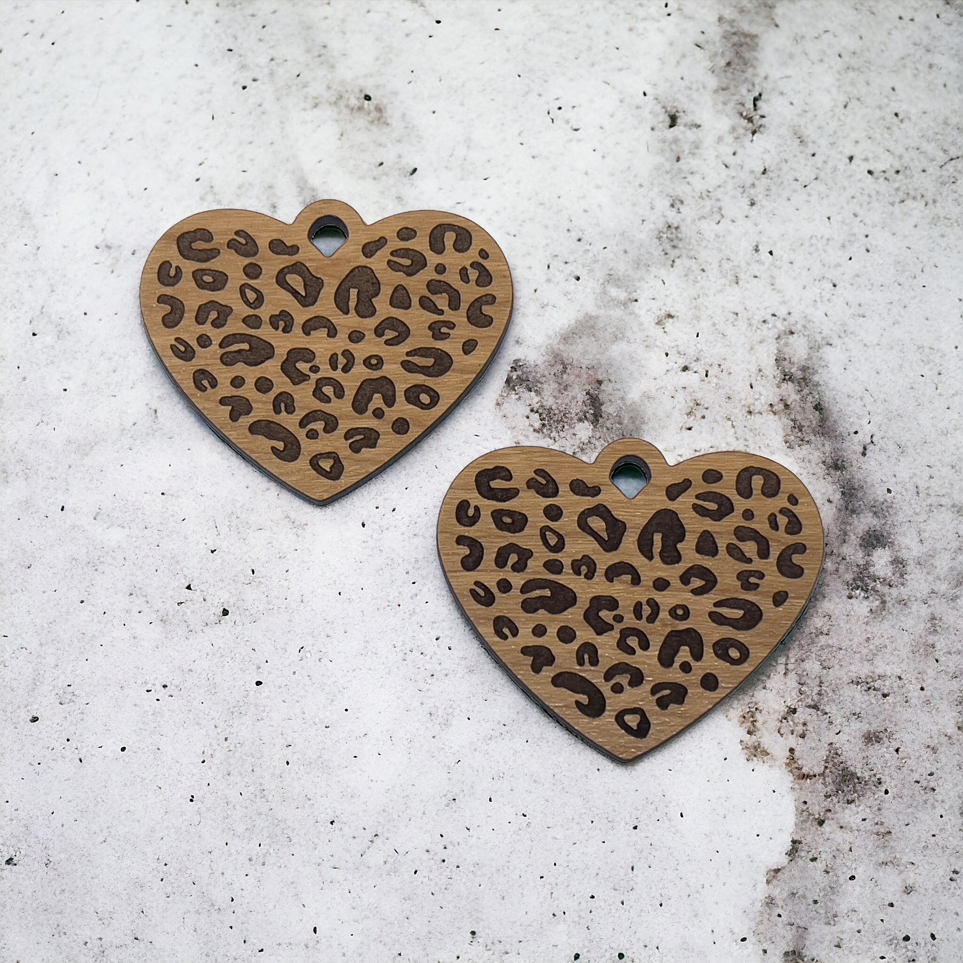 Animal Print Heart Wood Earring Blanks - Laser Cut Wholesale Findings for Bulk Earring Parts | Finished Cheetah Dangle Earrings