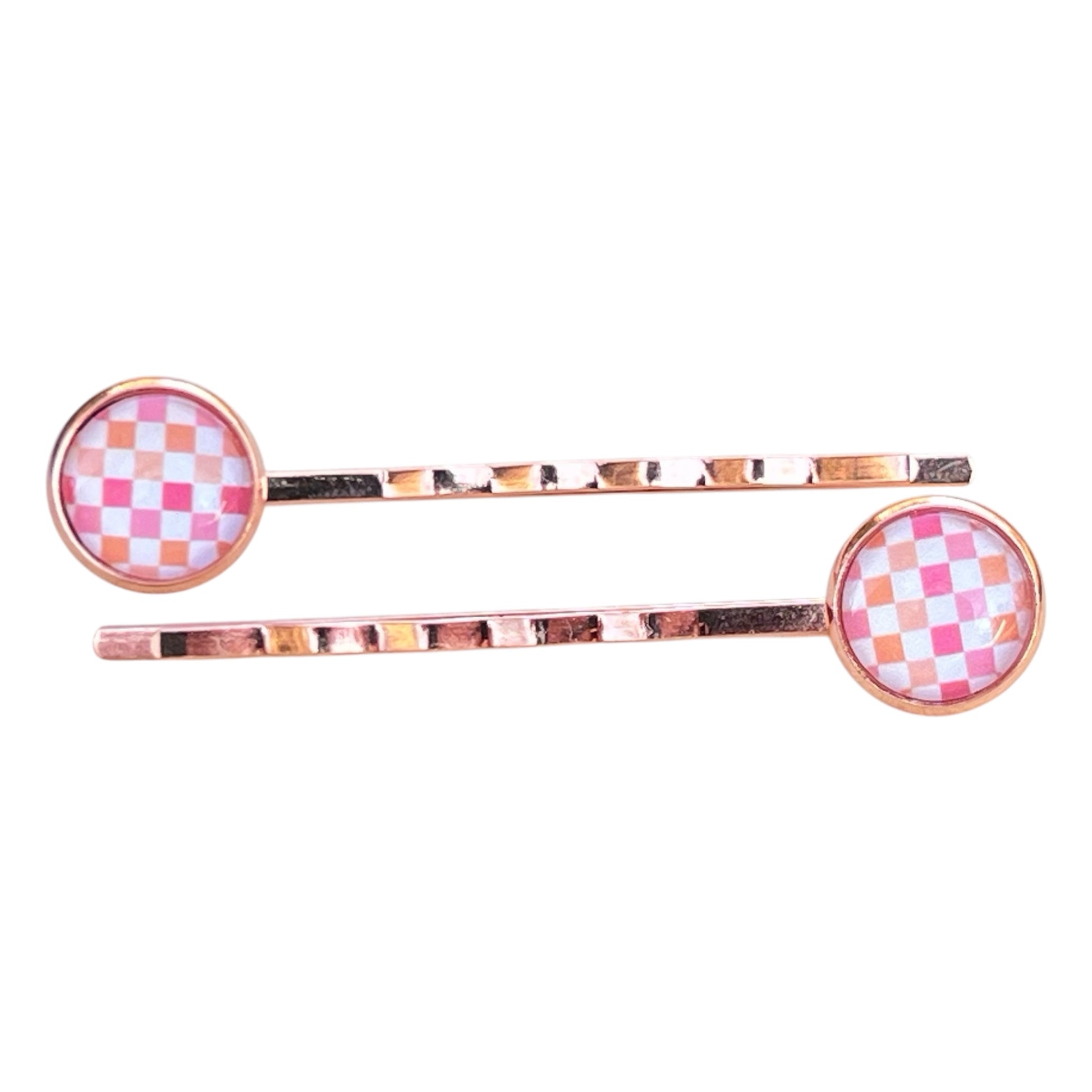 Pink & Orange Gingham Hair Pins – Set of 2 Rose Gold Accessories