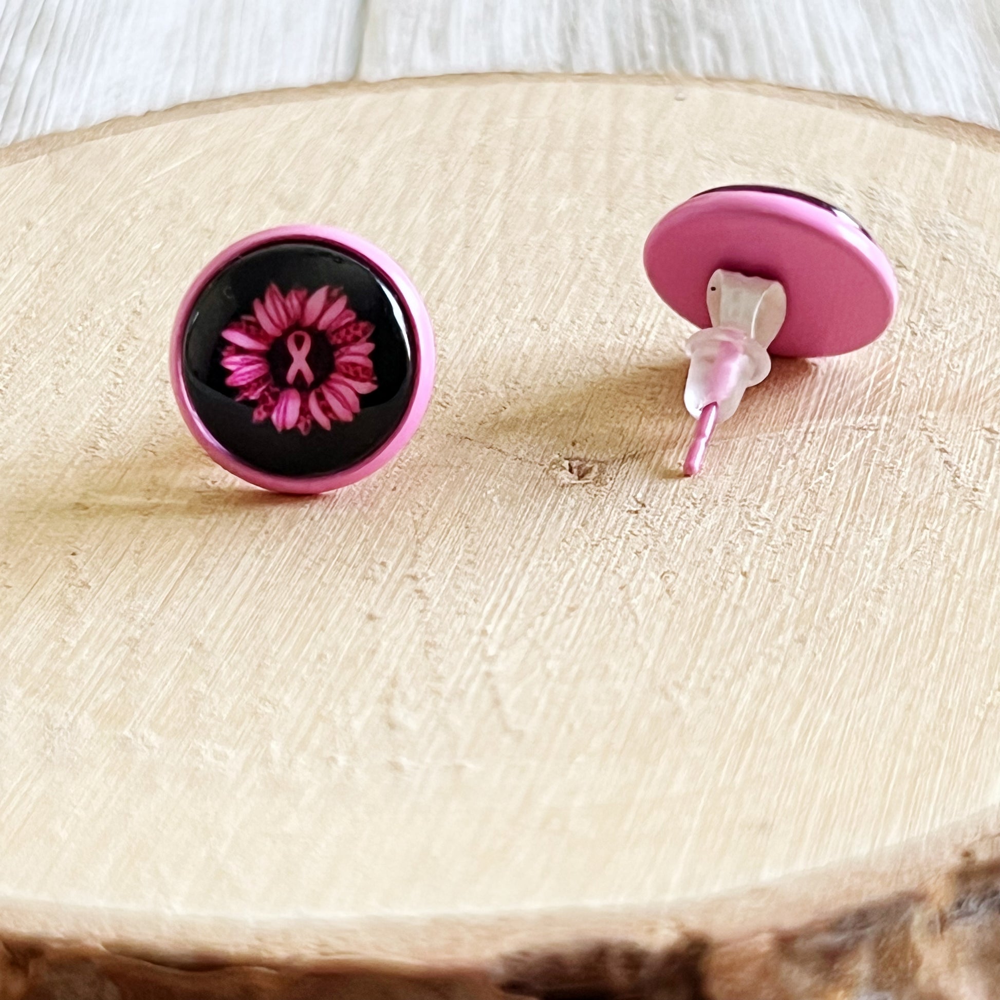 Pink Flower & Ribbon Stud Earrings – Breast Cancer Awareness Jewelry