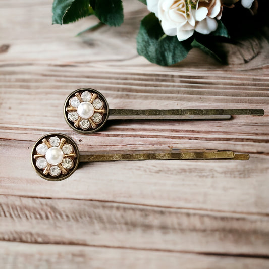 Pearl & Rhinestone Flower Hair Pins – Vintage-Inspired Gold Hair Clips
