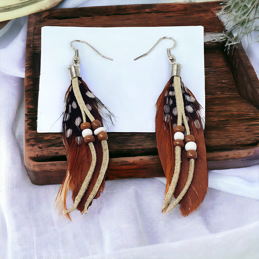 Brown Feather Dangle Earrings – Suede Accents Boho Chic Jewelry