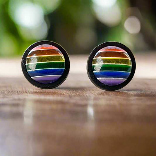 Rainbow Stripe Resin Stud Earrings – Colorful Handmade Jewelry in Black Wood