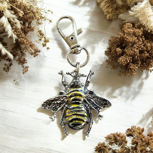 Hand Painted Silver Bee Purse Charm – Nature-Inspired Keychain