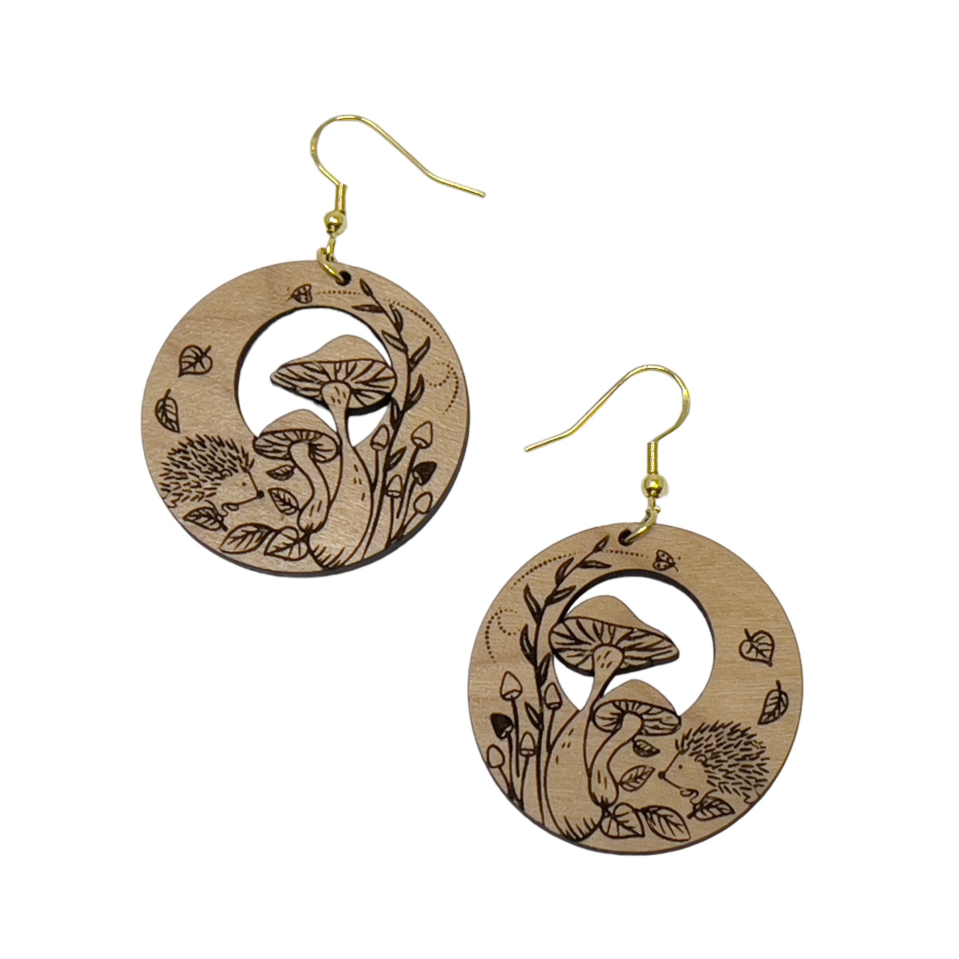 Hedgehog & Mushroom Wood Earrings – Whimsical Forest Jewelry