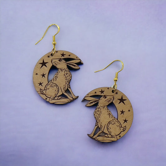 Moonlit Rabbit Earrings – Wooden Celestial Forest Jewelry with Gold Hooks