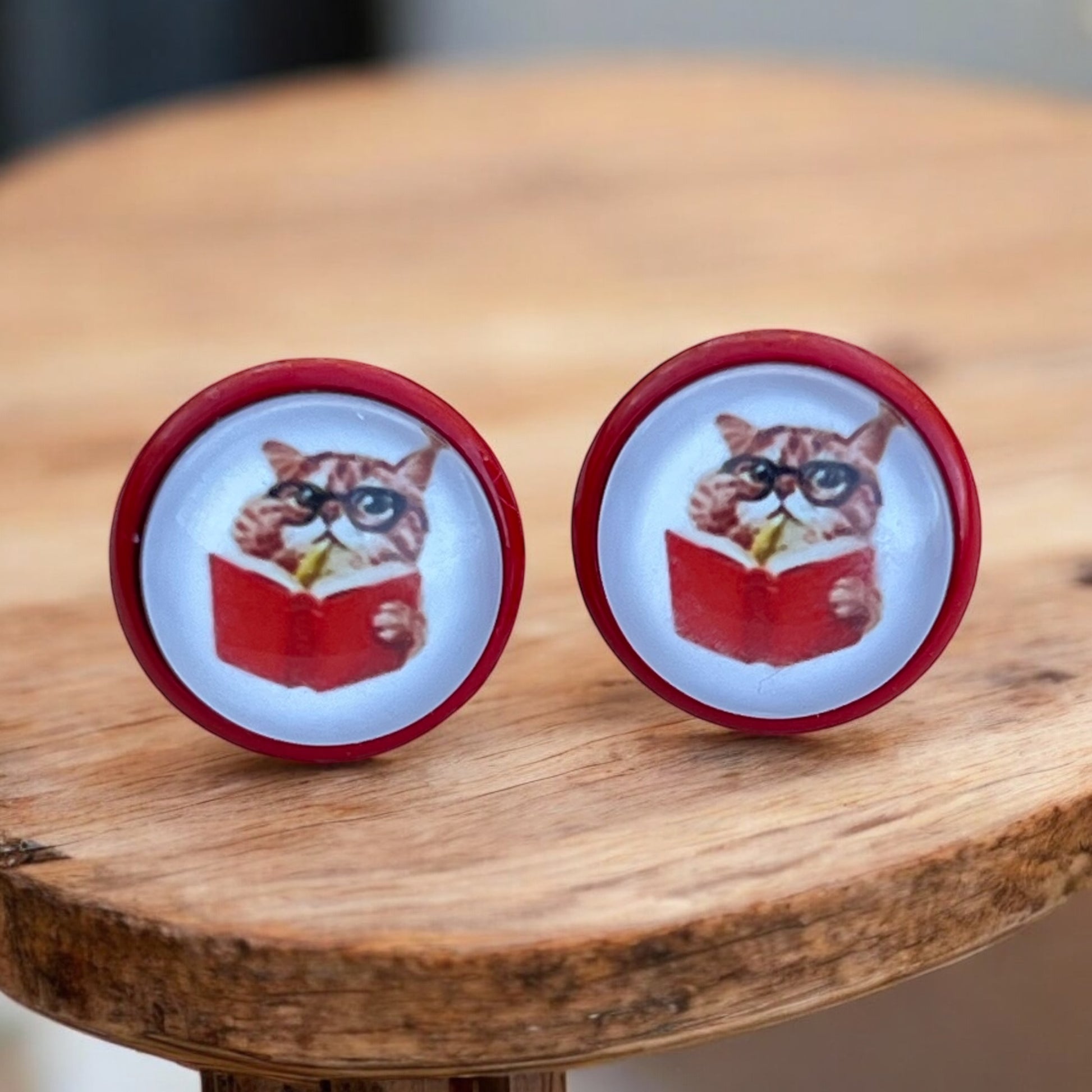 Bookish Cat Stud Earrings – Handmade Gift for Readers