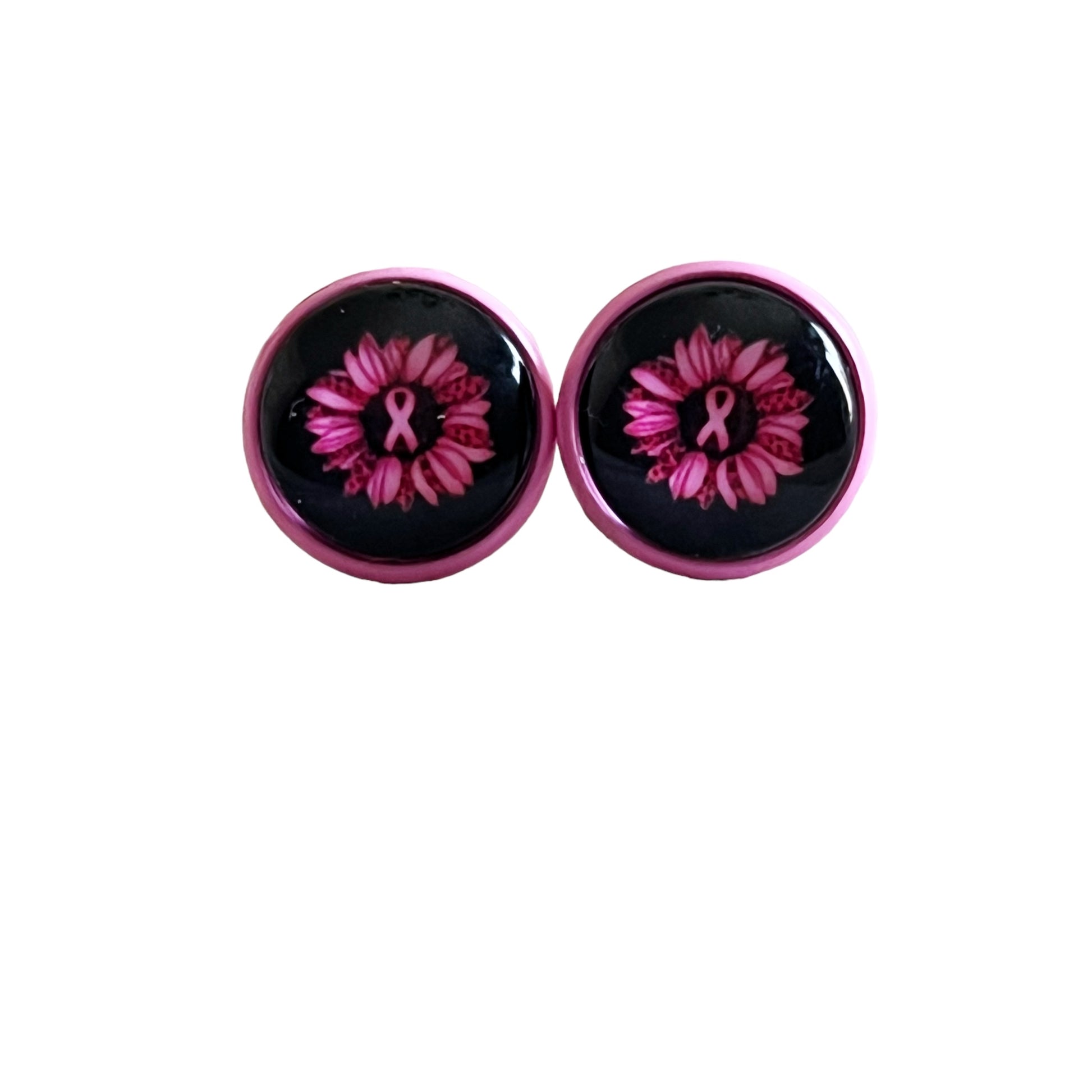 Pink Flower & Ribbon Stud Earrings – Breast Cancer Awareness Jewelry
