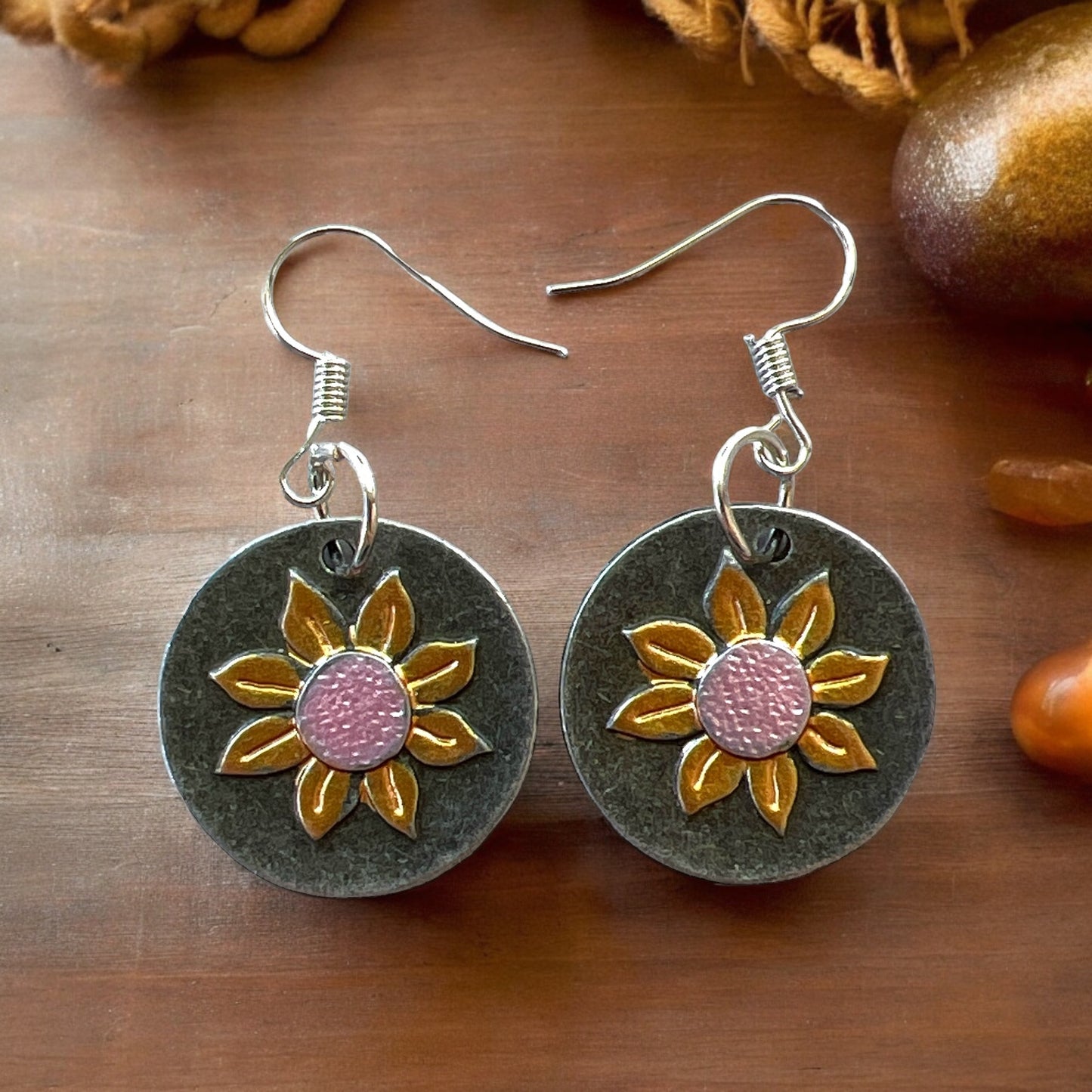 Round Silver Earrings with Sunflowers: Nature-Inspired Accessories
