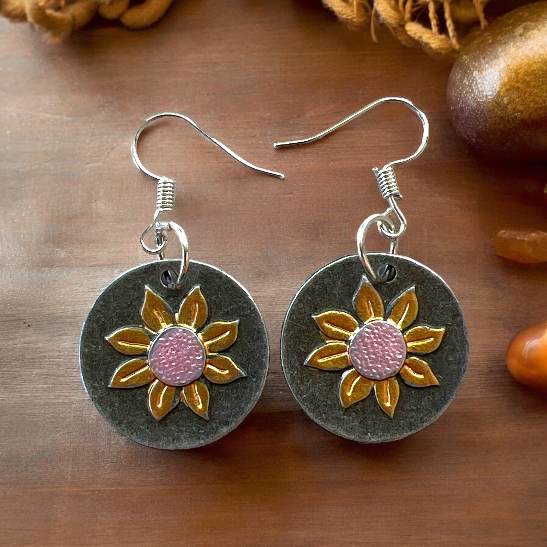 Round Silver Earrings with Sunflowers: Nature-Inspired Accessories