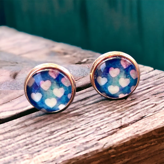 Pink Heart Blue & Rose Gold Earring Studs - Elegant and Charming Accessories