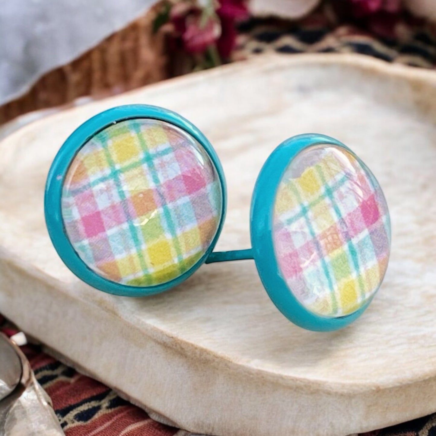 Handmade Pastel Plaid Stud Earrings – 12mm Teal Metal Setting – Spring & Easter Jewelry