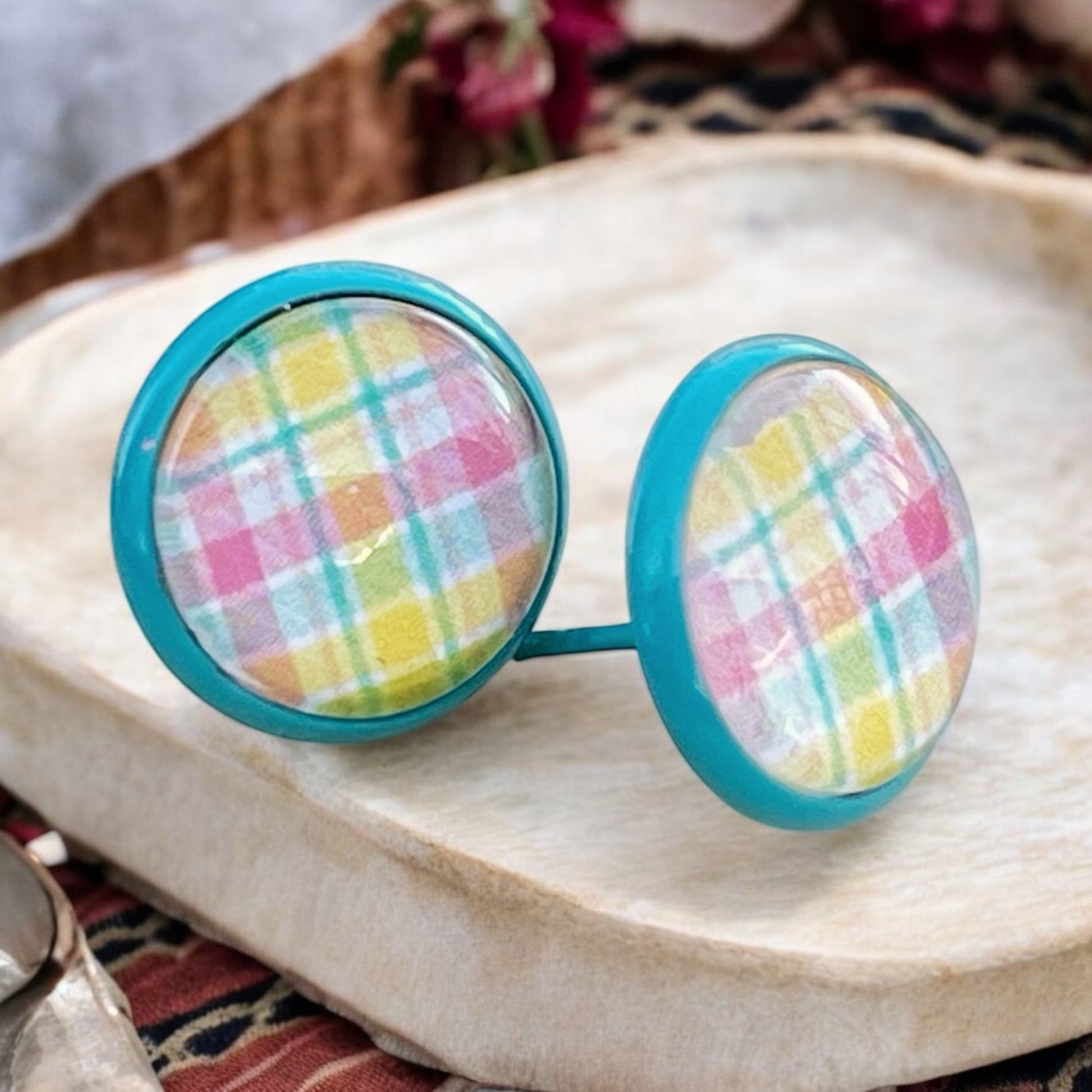 Handmade Pastel Plaid Stud Earrings – 12mm Teal Metal Setting – Spring & Easter Jewelry