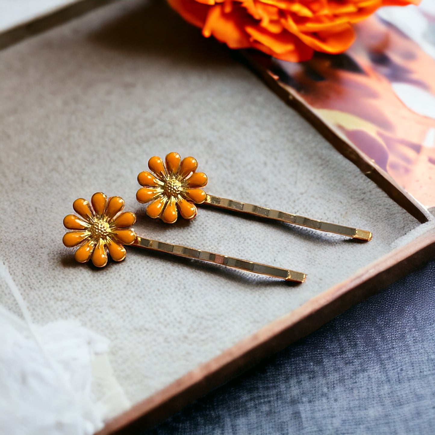 Decorative Orange Enamel Wildflower Hair Pins - Delicate Floral Accessories