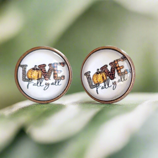Love Fall Y’all Pumpkin Stud Earrings – Cute Autumn Bronze Jewelry