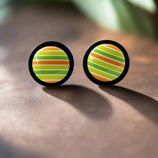 Green & Orange Striped Black Wood Stud Earrings - Colorful Accessories
