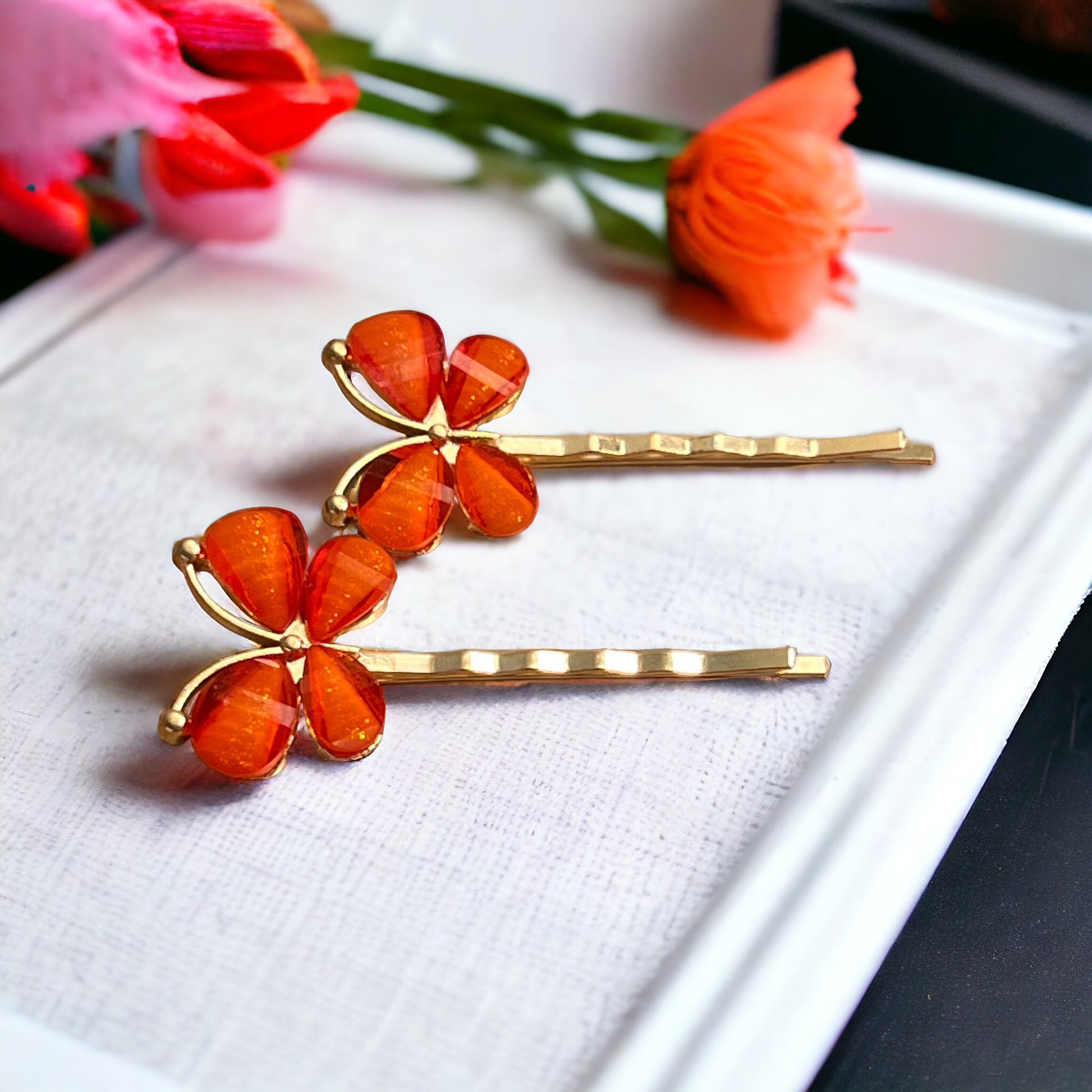 Orange Butterfly Hair Pins – Set of 2 Boho Spring Accessories