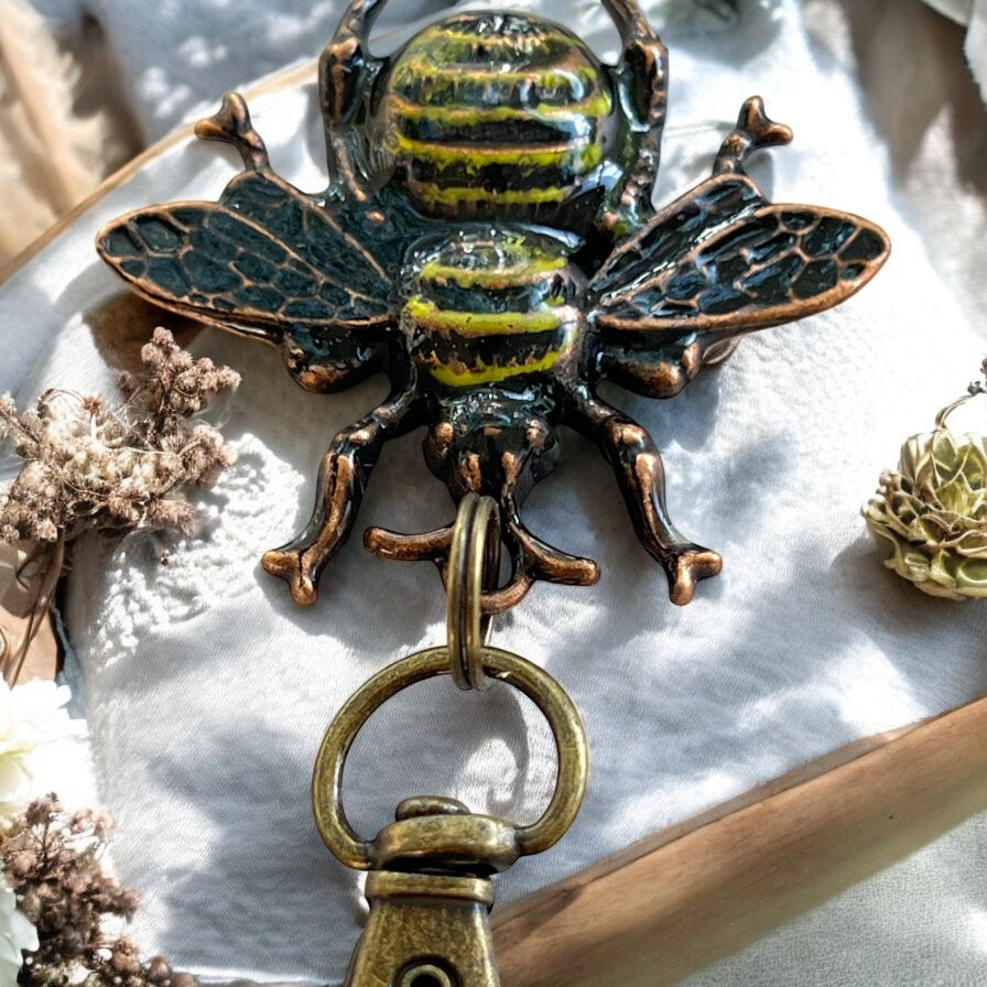 Hand Painted Bee Purse Charm – Vintage Copper Bee Keychain