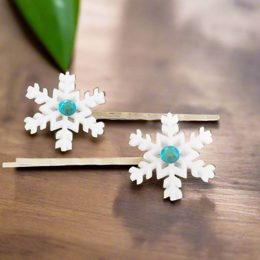 Christmas Snowflake Hair Pins with Blue Rhinestones - Set of 2