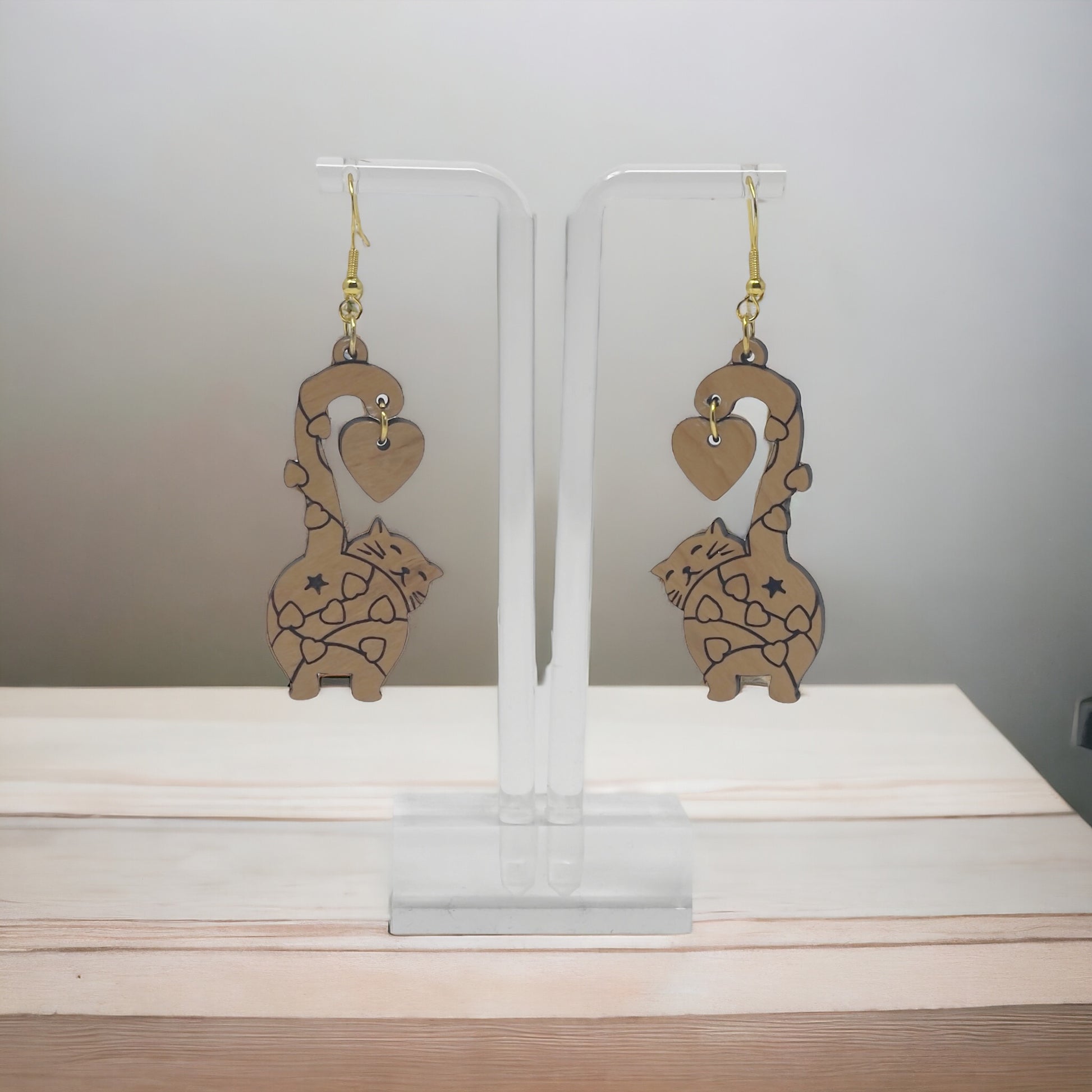 Heart Cat Dangle Earrings – Whimsical Love-Themed Wooden Jewelry