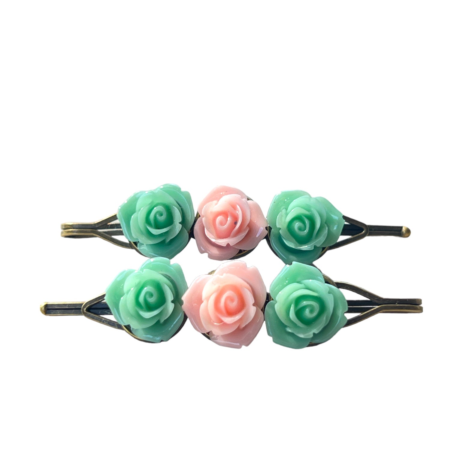 Mint & Blush Rose Hair Pins – Set of 2 Cottagecore Accessories