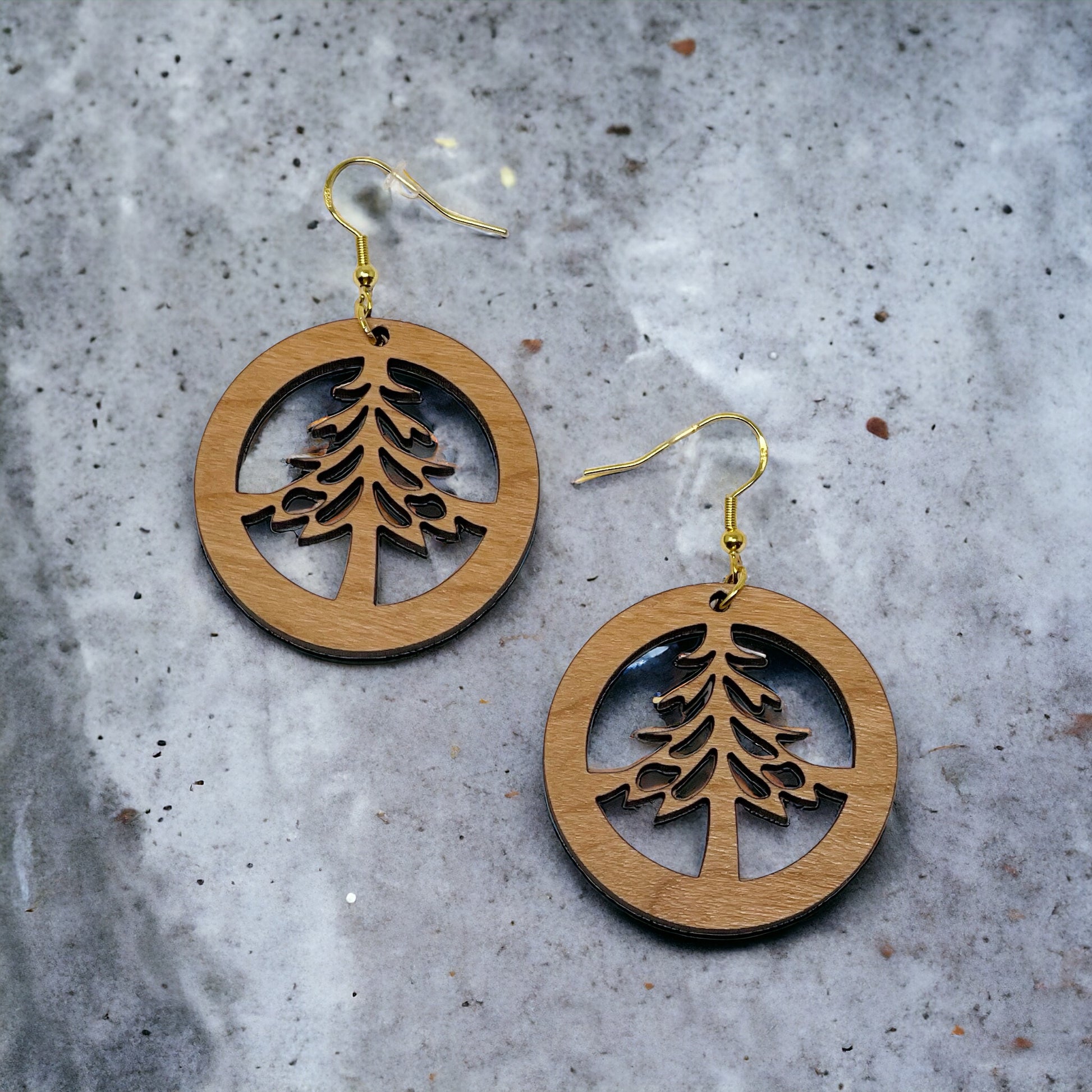 Circle Tree Cutout Earrings – Round Wooden Forest Holiday Jewelry