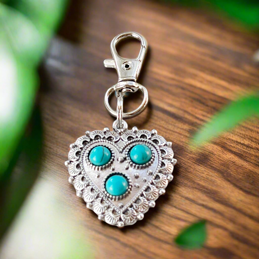 Turquoise Silver Heart Western Handbag Charm - Boho Keychain