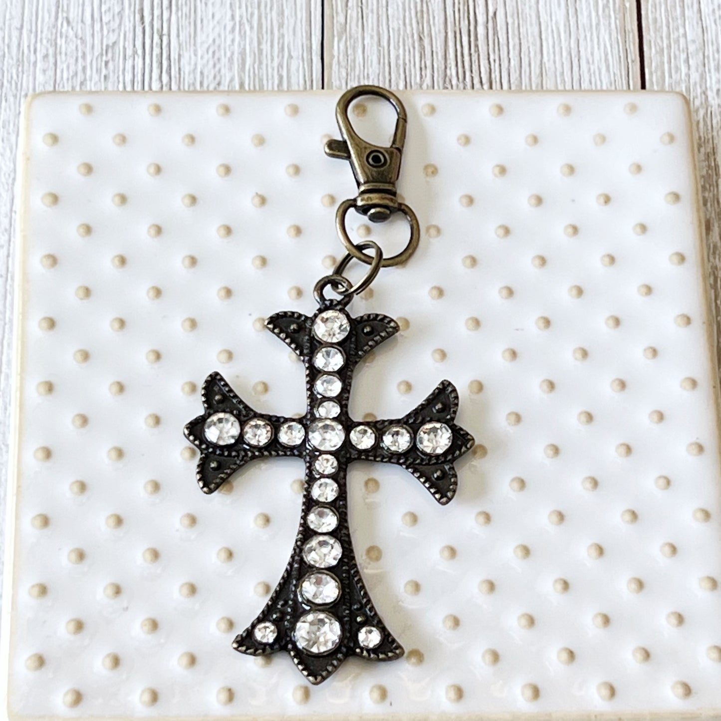 Rhinestone Cross Purse Charm – Vintage Bronze Crystal Keychain