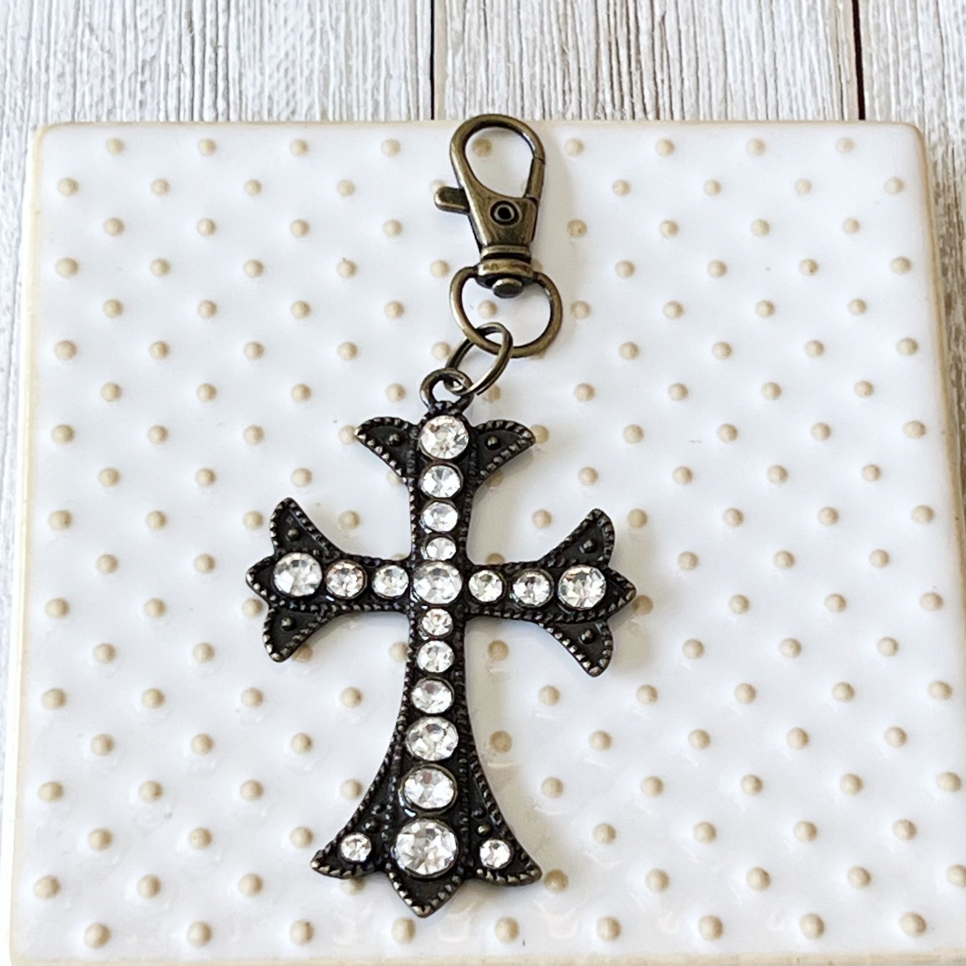 Rhinestone Cross Purse Charm – Vintage Bronze Crystal Keychain