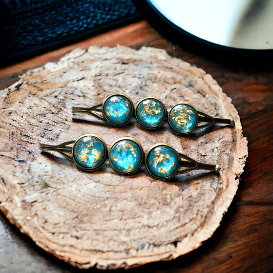Turquoise & Gold Foil Hair Pins – Set of 2 Celestial Accessories