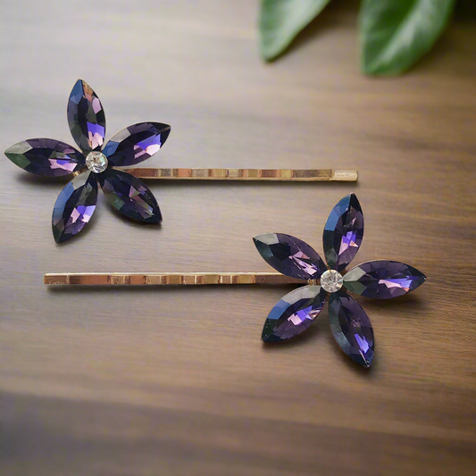 Rhinestone Hair Pin, Purple Flower Boho Wedding Bobby Pins