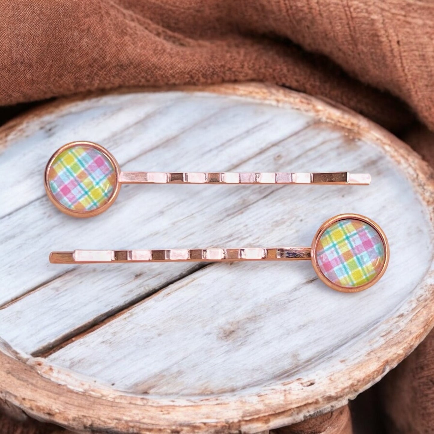 Pastel Plaid Hair Pins – Set of 2 Spring Accessories in Rose Gold