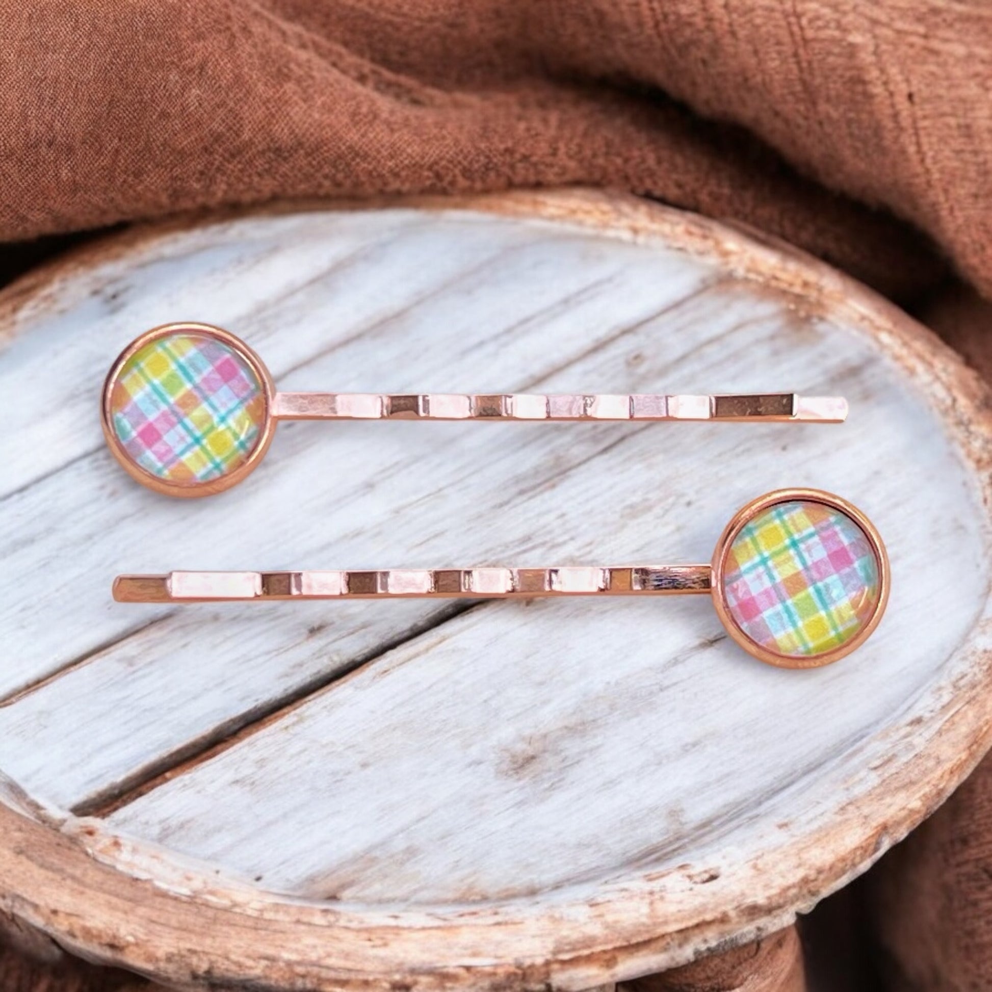 Pastel Plaid Hair Pins – Set of 2 Spring Accessories in Rose Gold