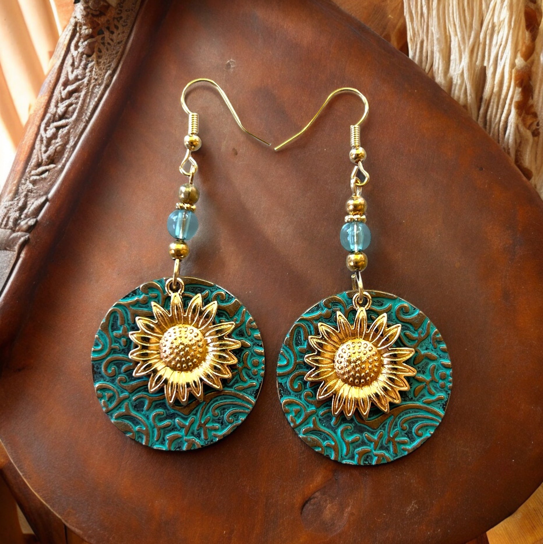 Patina Metal Dangle Earrings – Gold Sunflower Design