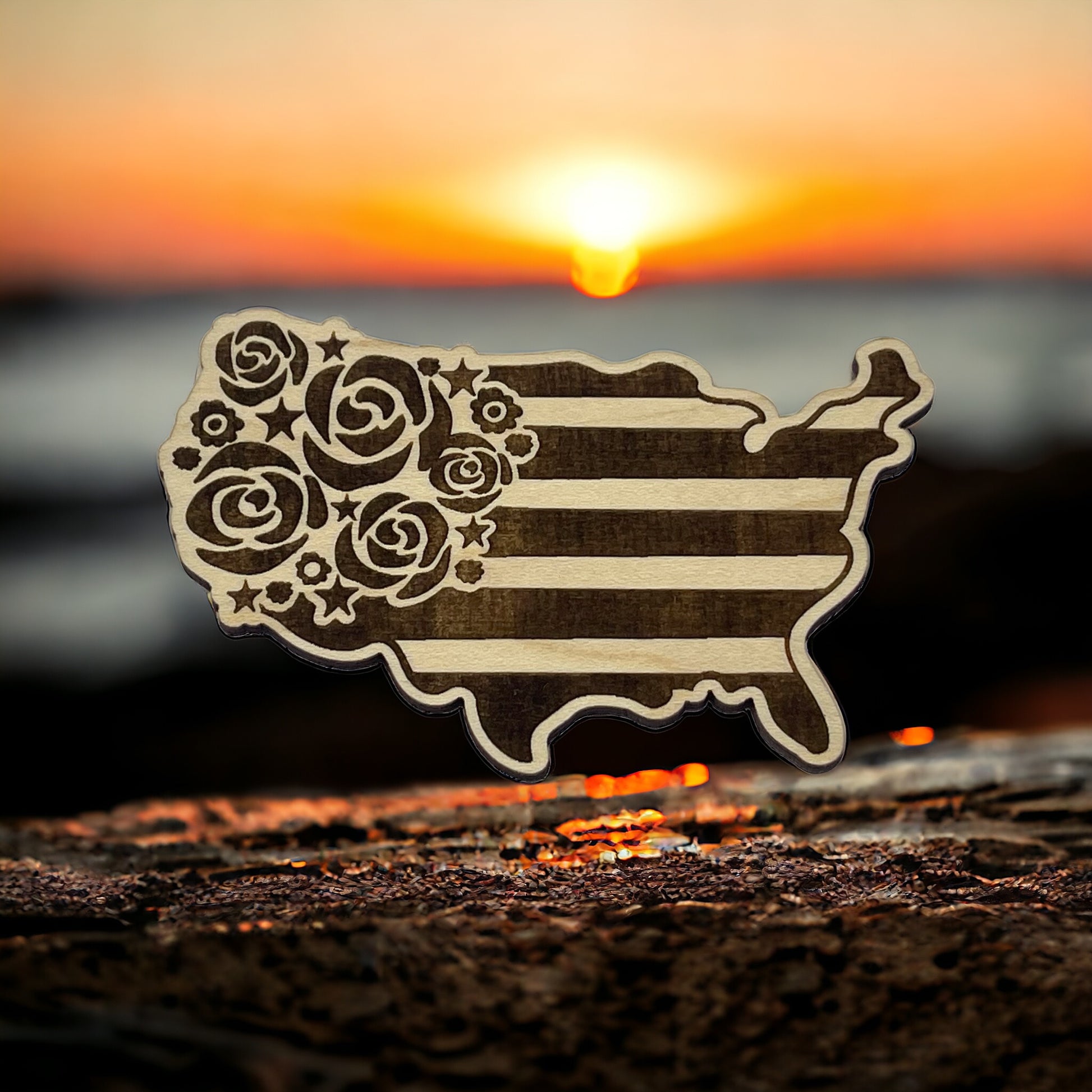 USA Shaped Magnet for Home Work School Office, Patriotic Decor Gift, Floral United States Flag Paintable Magnet, Boho Flower Wood Decoration