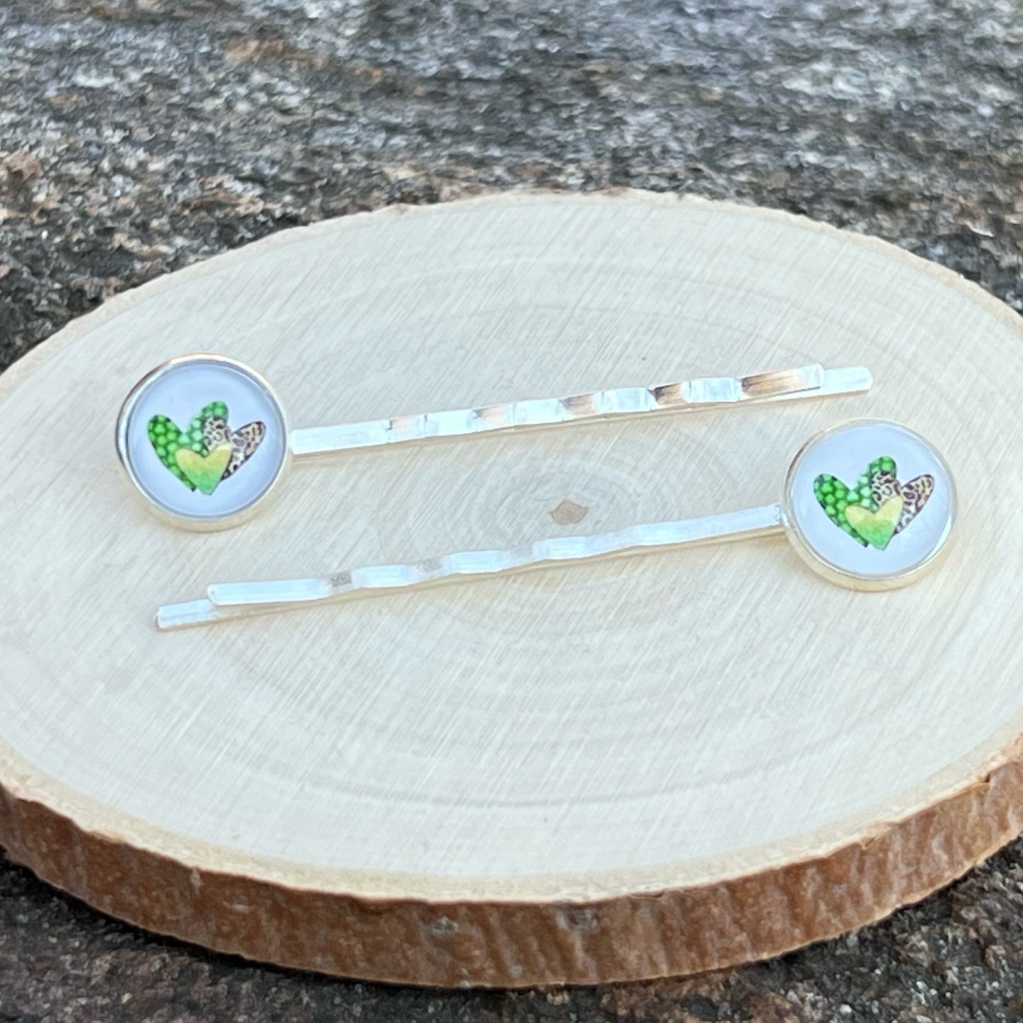 Animal Print Heart Hair Pins – Set of 2 Silver Accessories