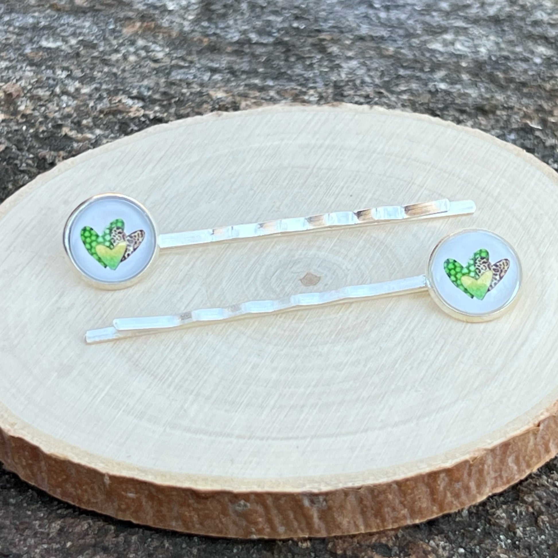 Animal Print Heart Hair Pins – Set of 2 Silver Accessories