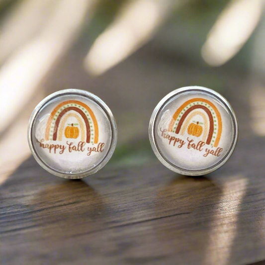 Happy Fall Y’all Stud Earrings – Rainbow Pumpkin Autumn Jewelry in Silver