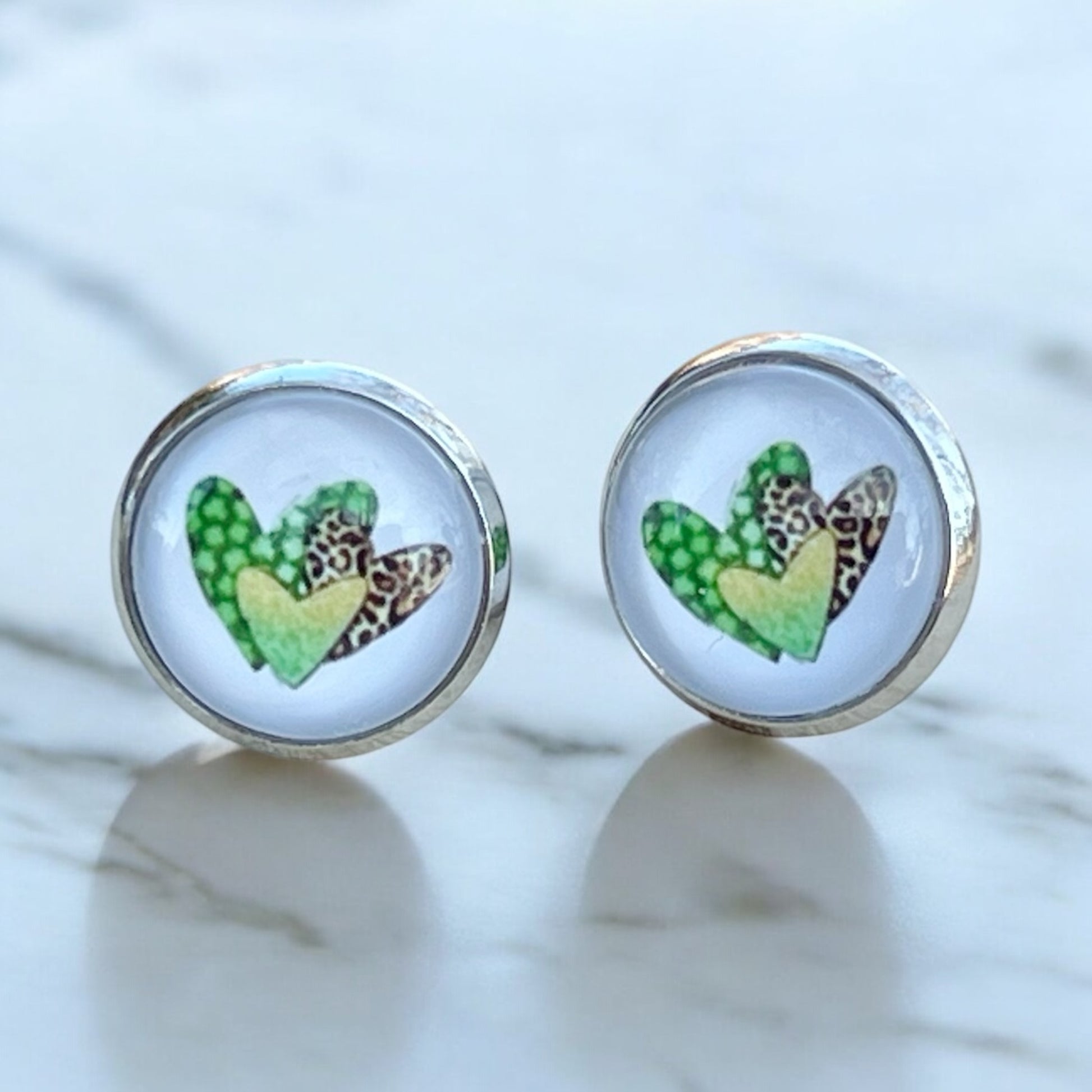 Animal Print Heart Stud Earrings – Handmade Silver Jewelry