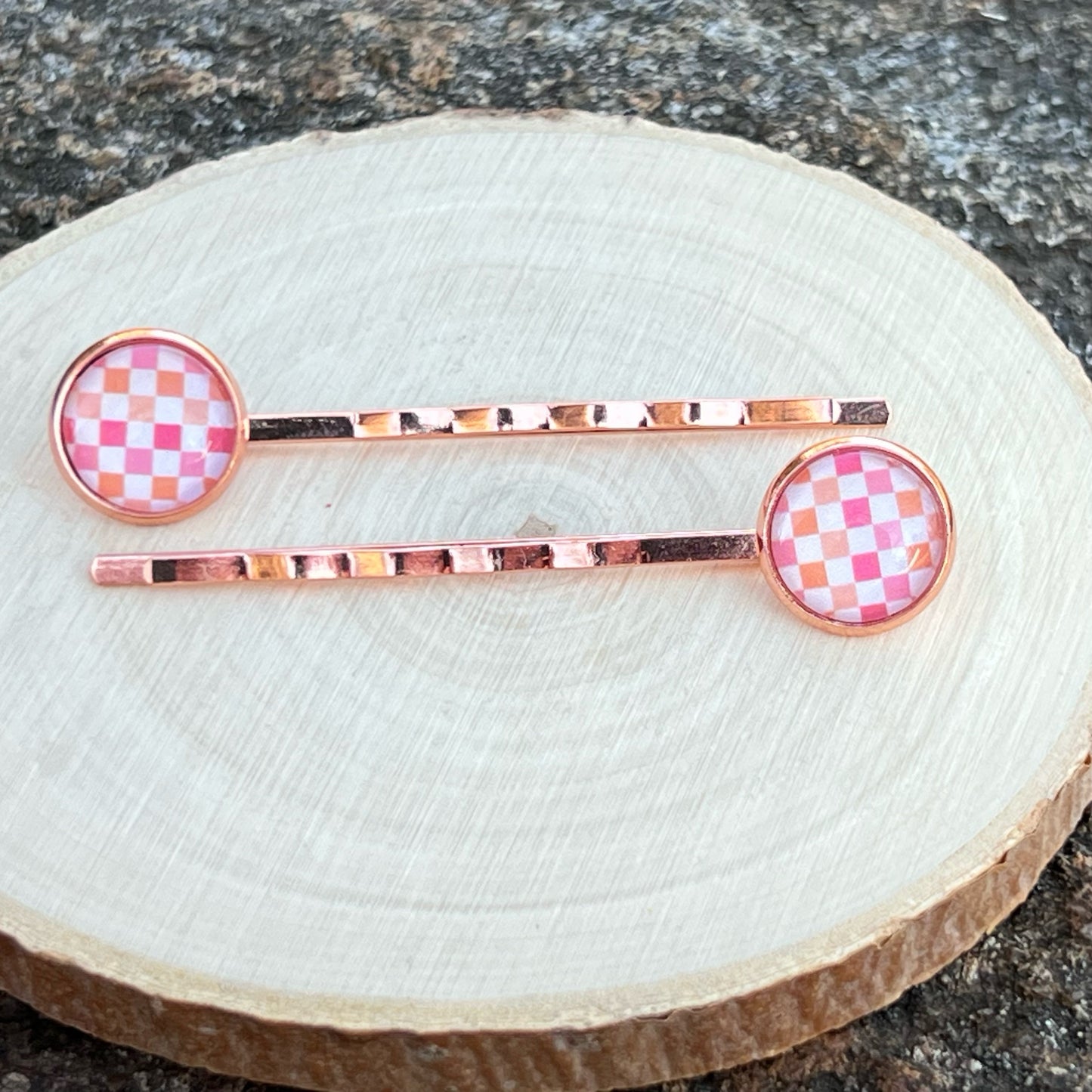 Pink & Orange Gingham Hair Pins – Set of 2 Rose Gold Accessories