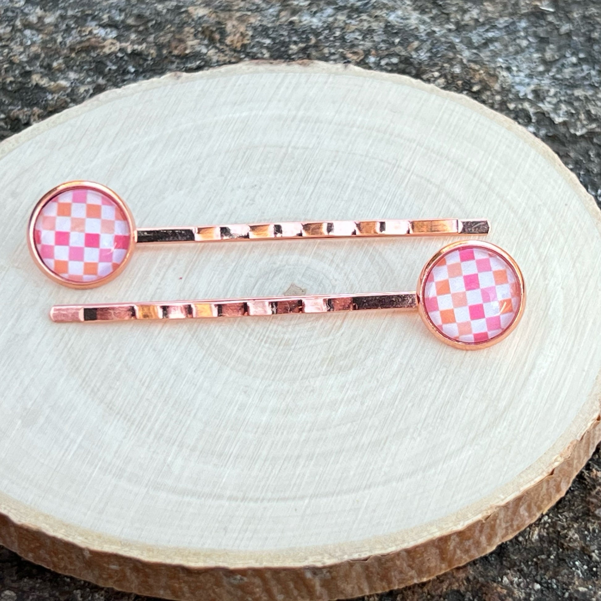 Pink & Orange Gingham Hair Pins – Set of 2 Rose Gold Accessories