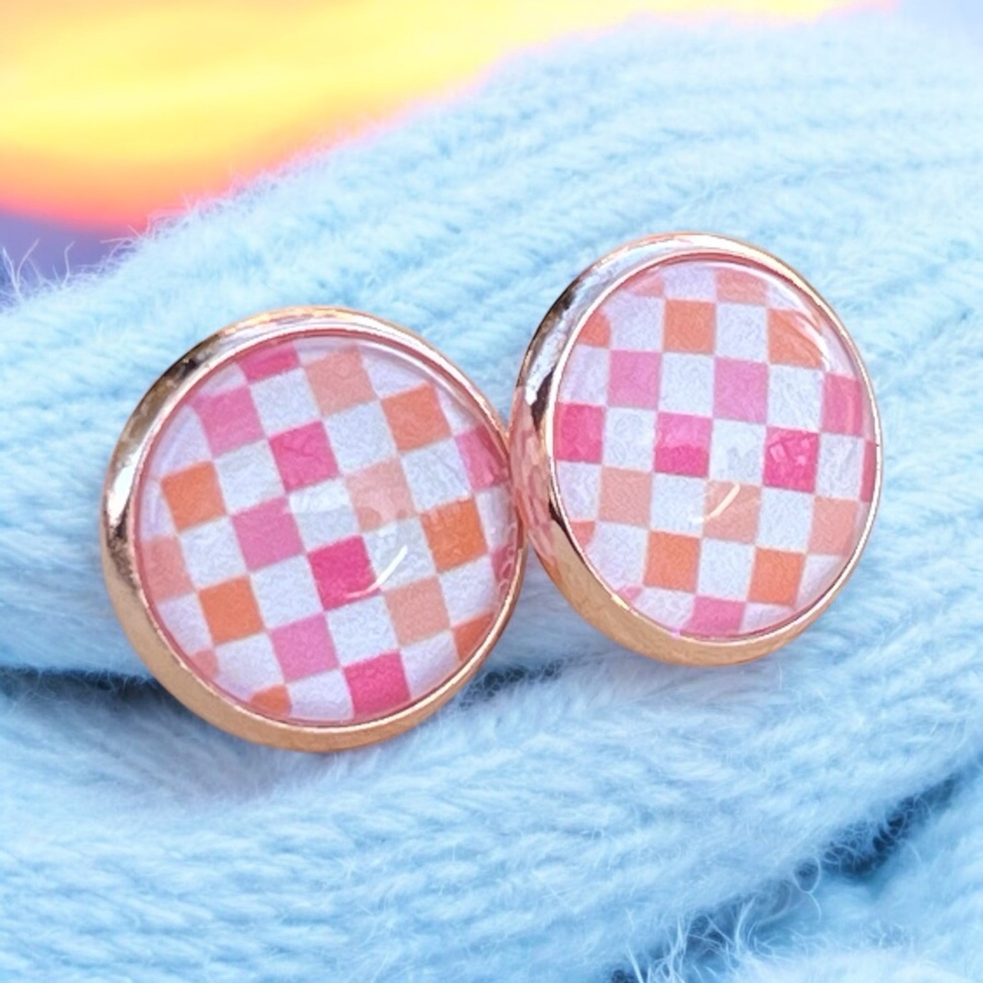 Pink & Orange Gingham Stud Earrings – Handmade Spring Jewelry