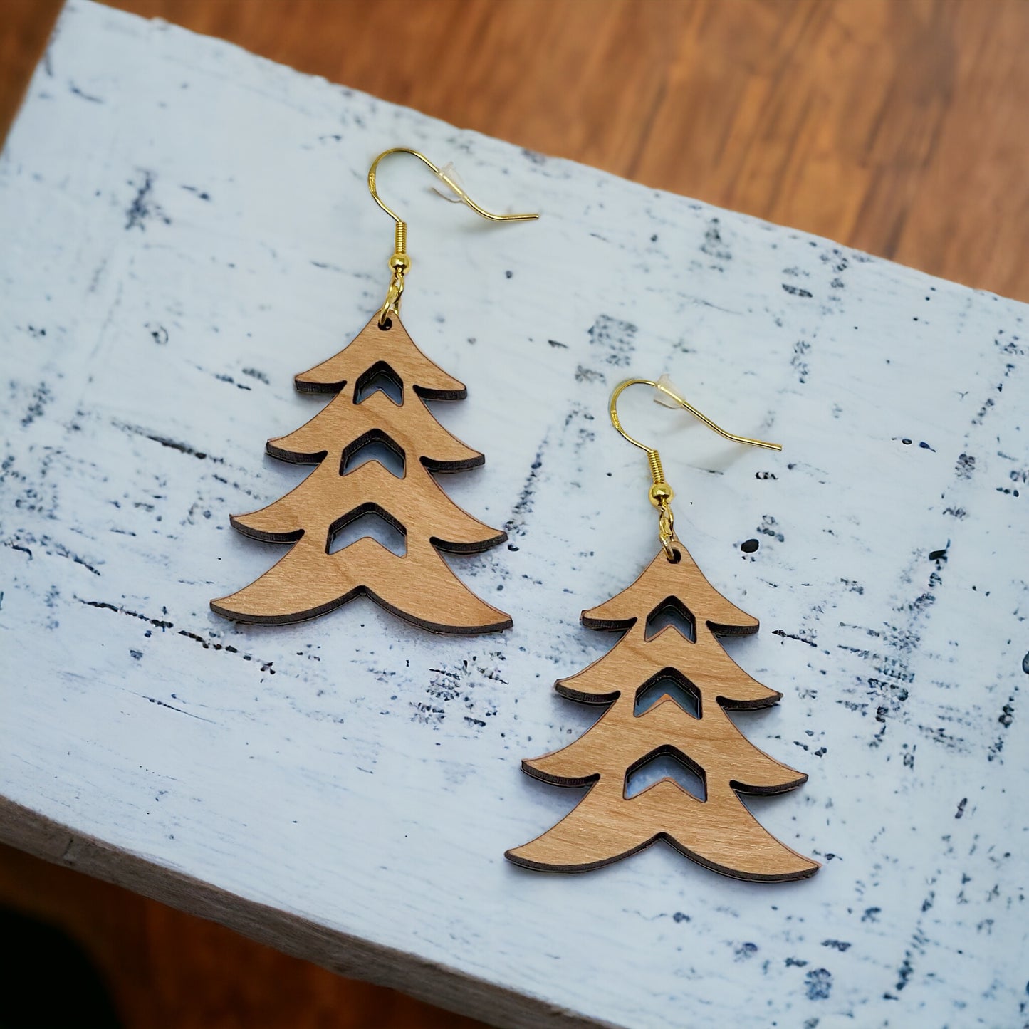 Rustic Tree Cutout Earrings – Wooden Christmas Tree Dangle Earrings