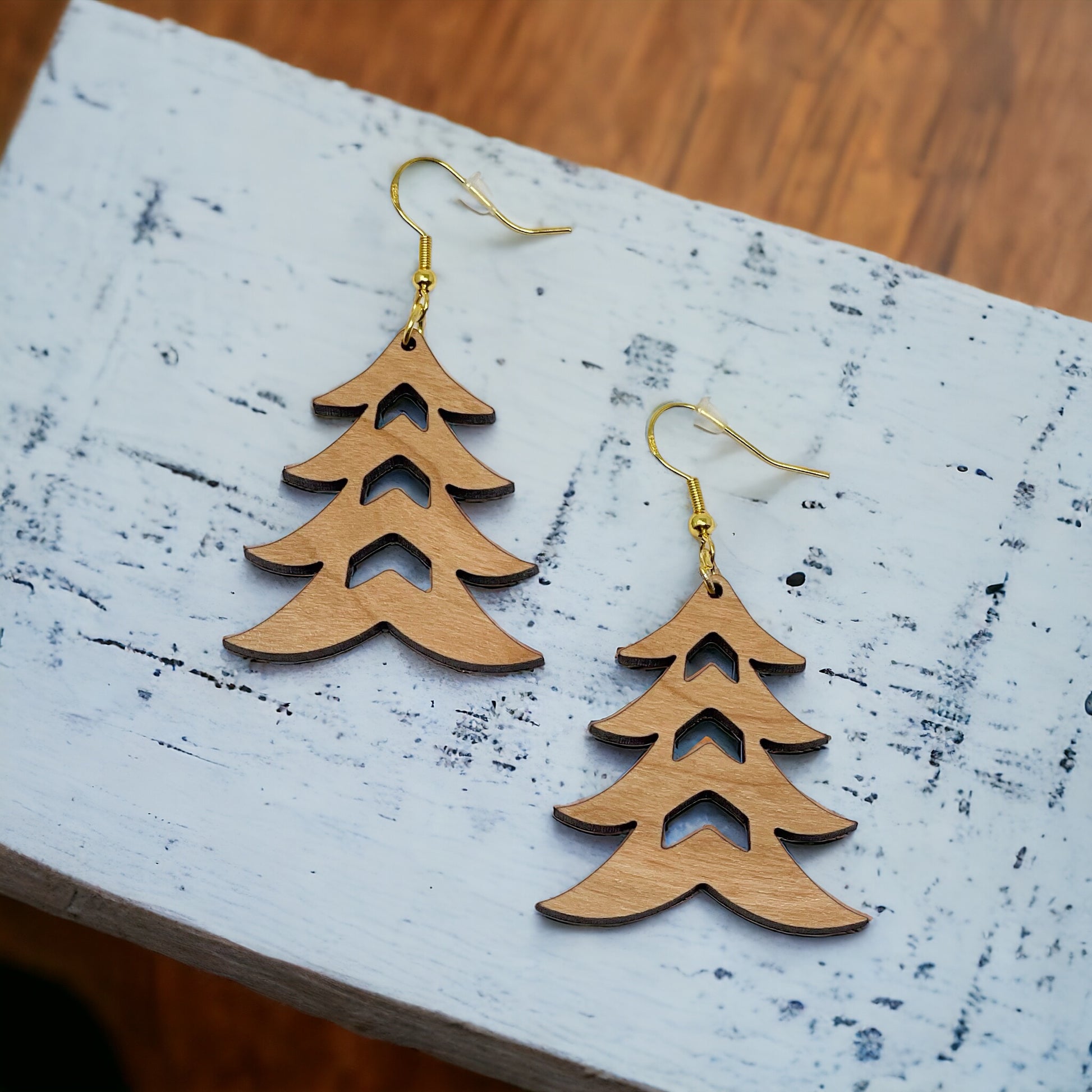 Rustic Tree Cutout Earrings – Wooden Christmas Tree Dangle Earrings