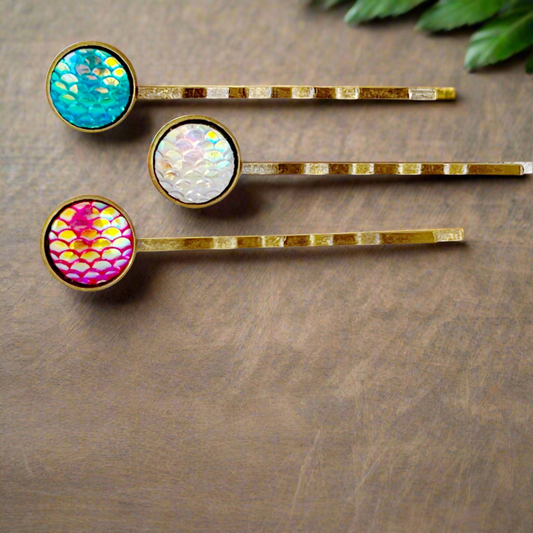 Brass Mermaid Hair Pins: Set of 3 in Pink, White, & Blue Colors