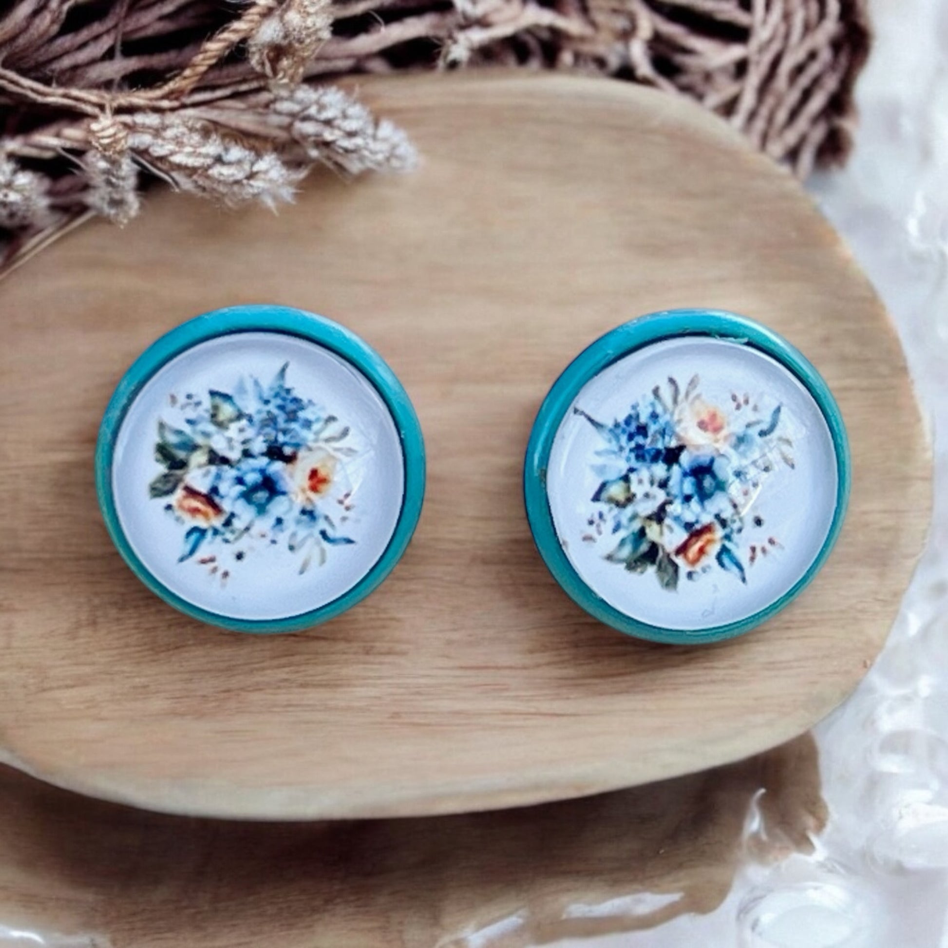 Blue Floral Stud Earrings – Handmade Vintage Cottagecore Jewelry