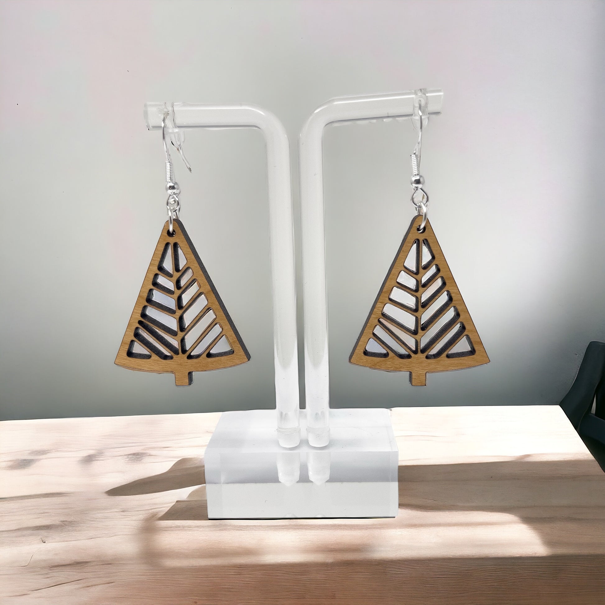 Geometric Tree Cutout Earrings – Modern Wooden Holiday Jewelry