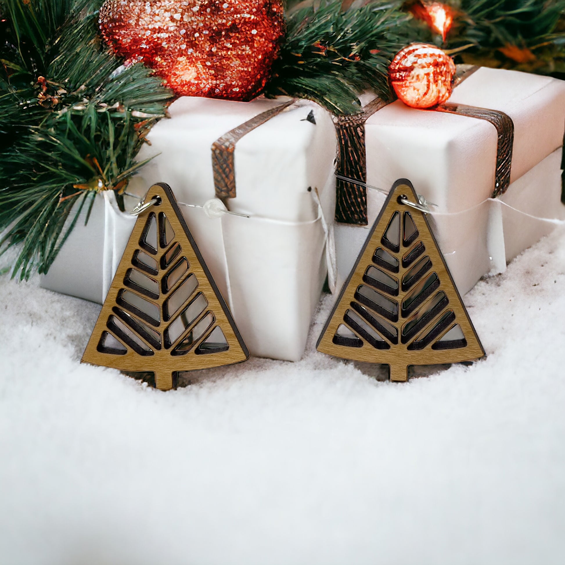 Geometric Tree Cutout Earrings – Modern Wooden Holiday Jewelry