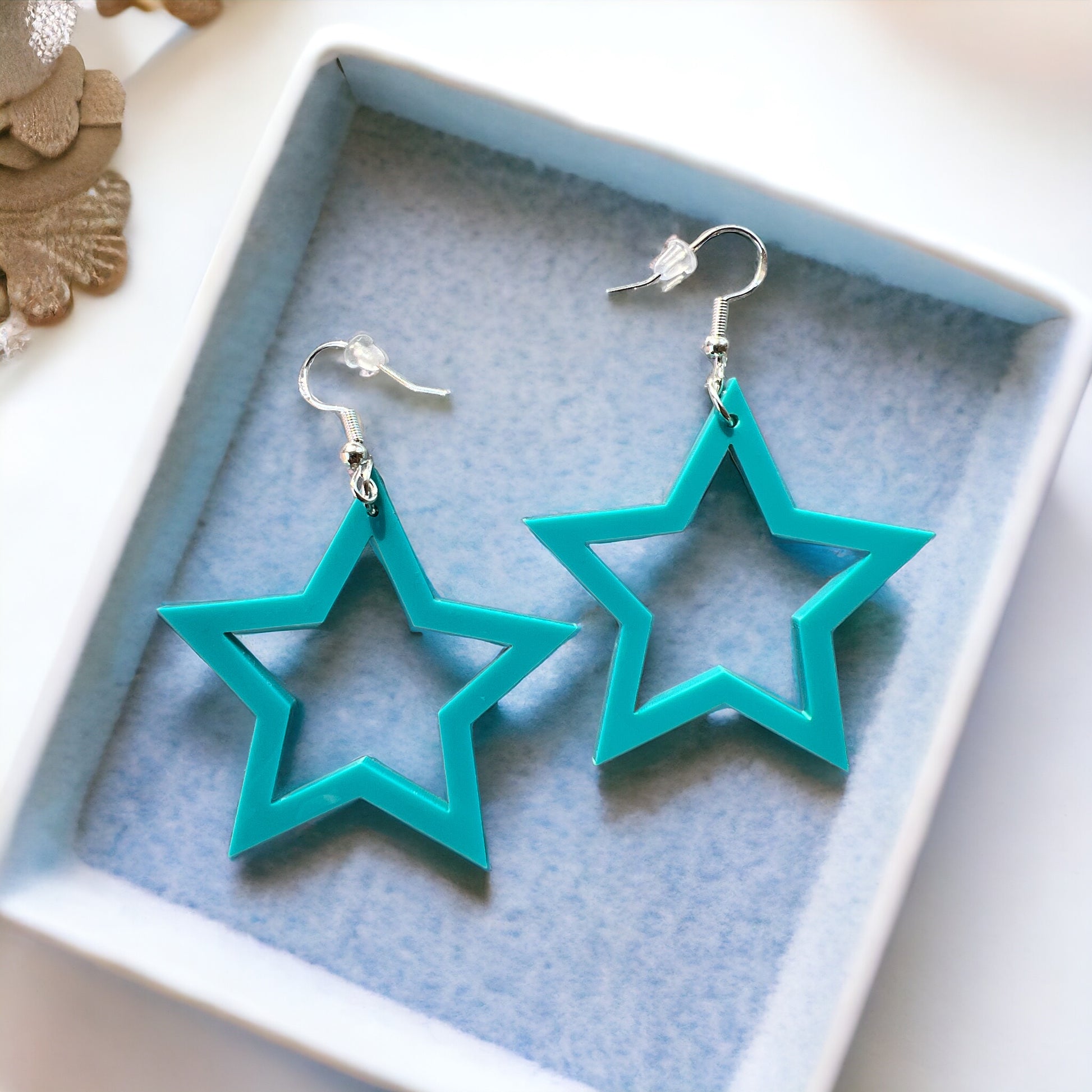 Blue Star Acrylic Dangle Earrings - Country Boho Statement Jewelry