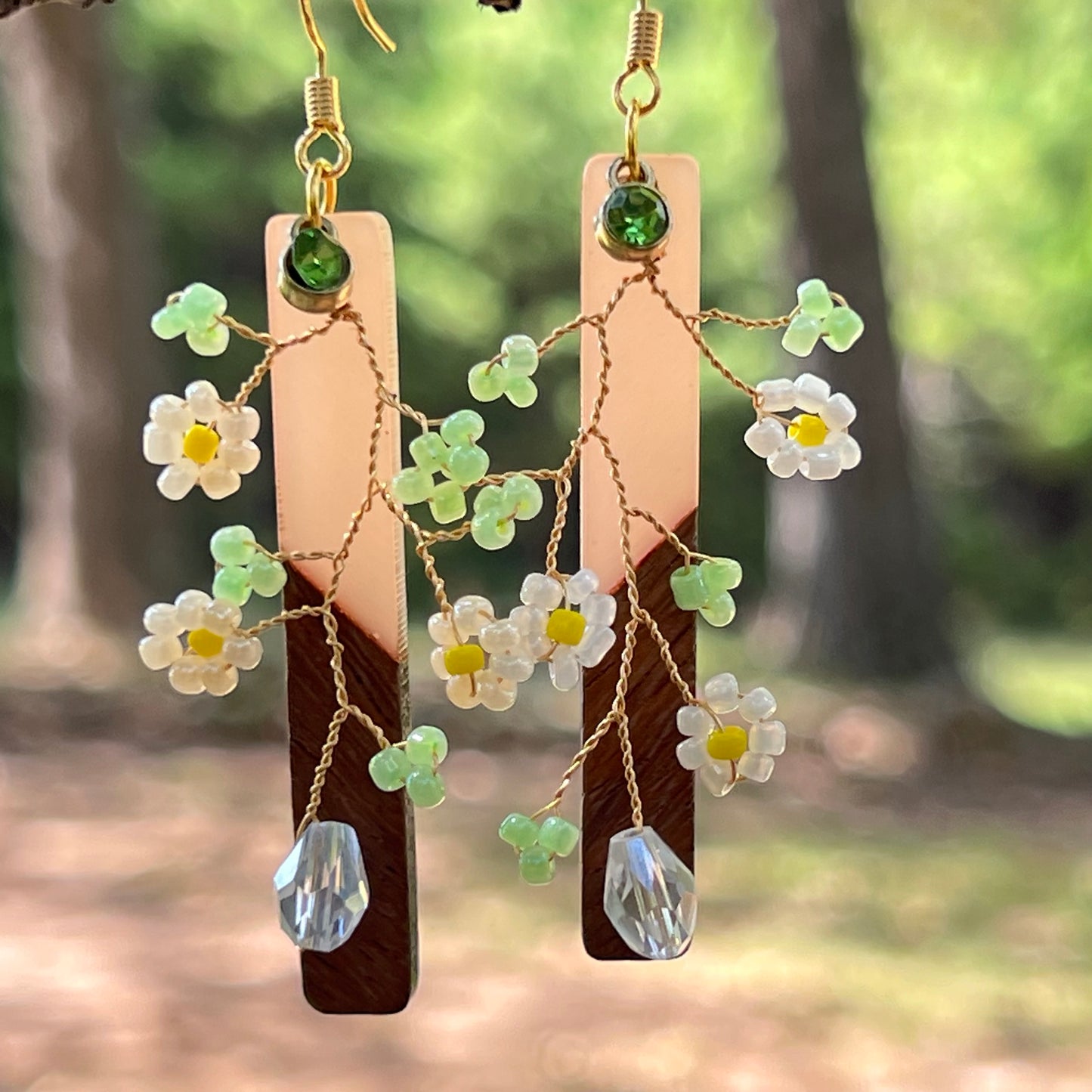 Daisy Vine Wood & Blush Bar Earrings – Boho Nature Dangle Jewelry
