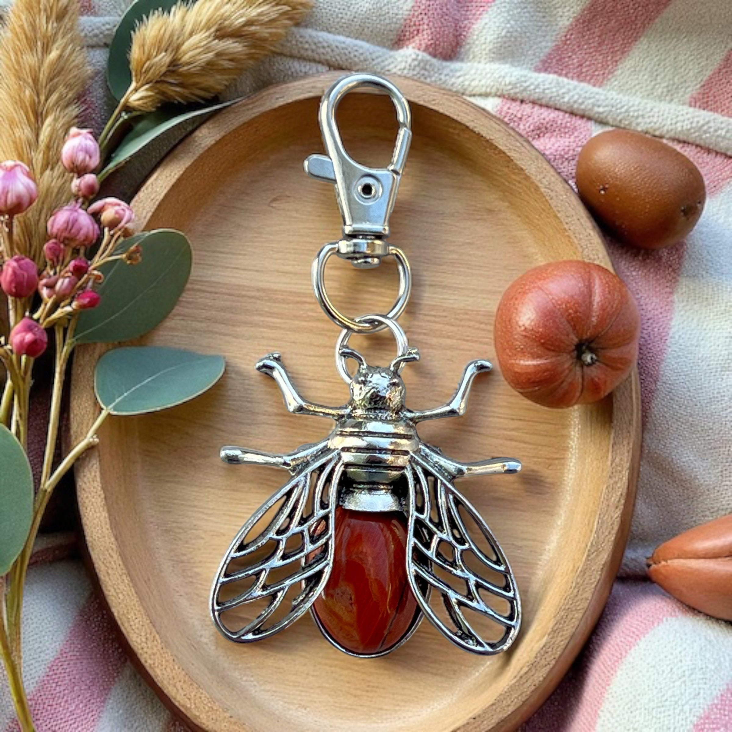 Red Jasper Bee Purse Charm – Silver Boho Bag Keychain Gift for Her